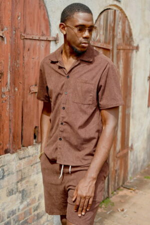 ensemble homme chemise et short texturé marron kakao san kod